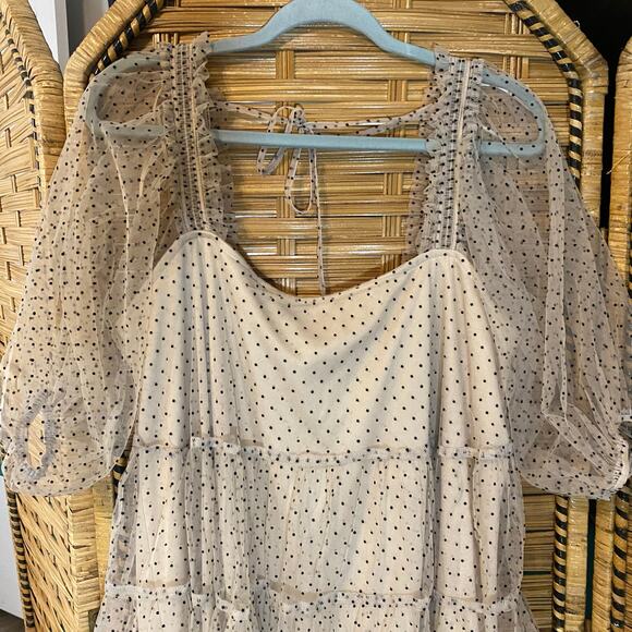 Arula X Swiss Dot Mesh Puff Sleeve Tiered Mini Dress Nude Black Polka Dot XL 14 - Picture 5 of 9
